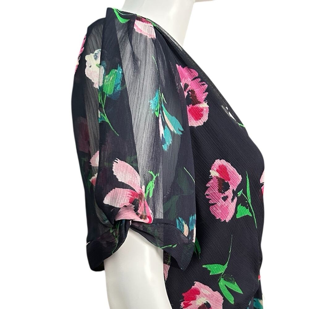 DKNY Navy Blue Floral Chiffon Wrap V-Neck Midi Dress Size 10 Preppy Professional - Picture 4 of 11